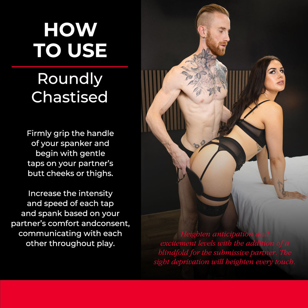 Chastised spanking paddle instructional photo.
