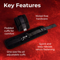 Sensually secured cuffs featuring padded cuffs with quick release adjustable one size fits all.