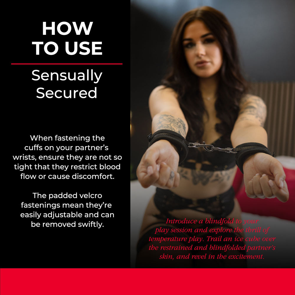 Sensually secured wrist restraints instructional photo.