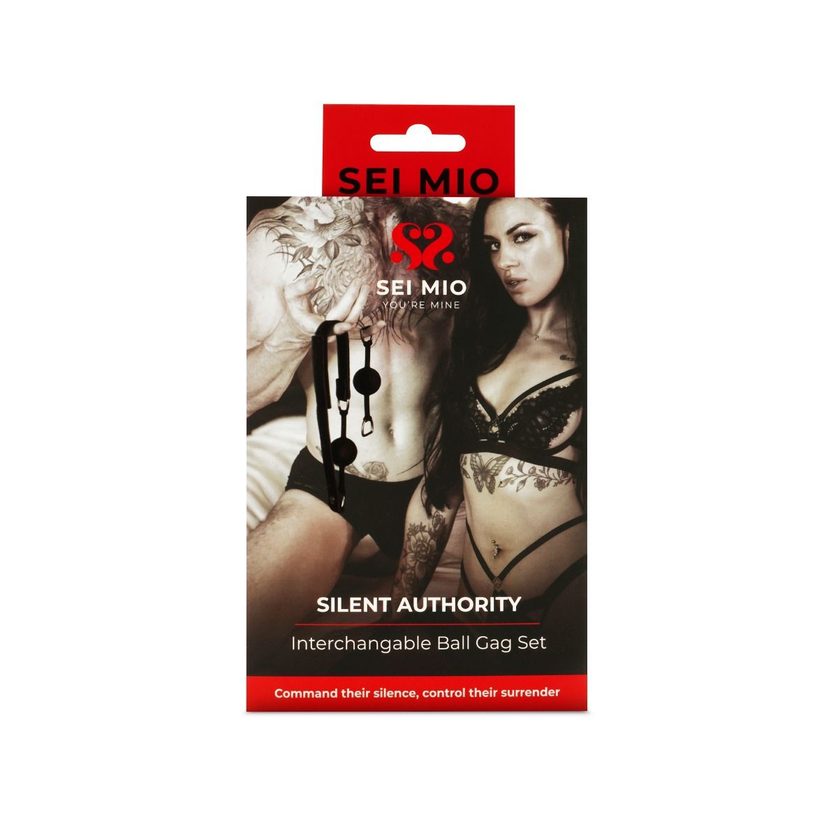 Silent authority interchangeable ball gag set inside packaging.