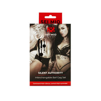 Silent authority interchangeable ball gag set inside packaging.