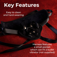 Black strap on harness featuring harness with small pocket and easy to clean.