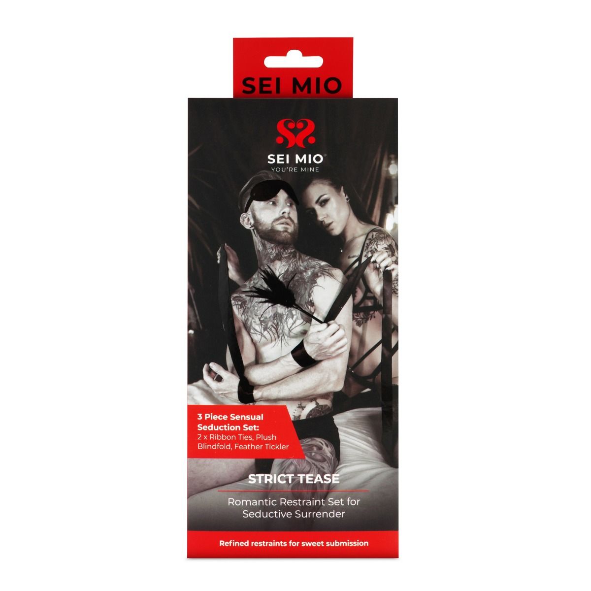 Strict tease set inside packaging.