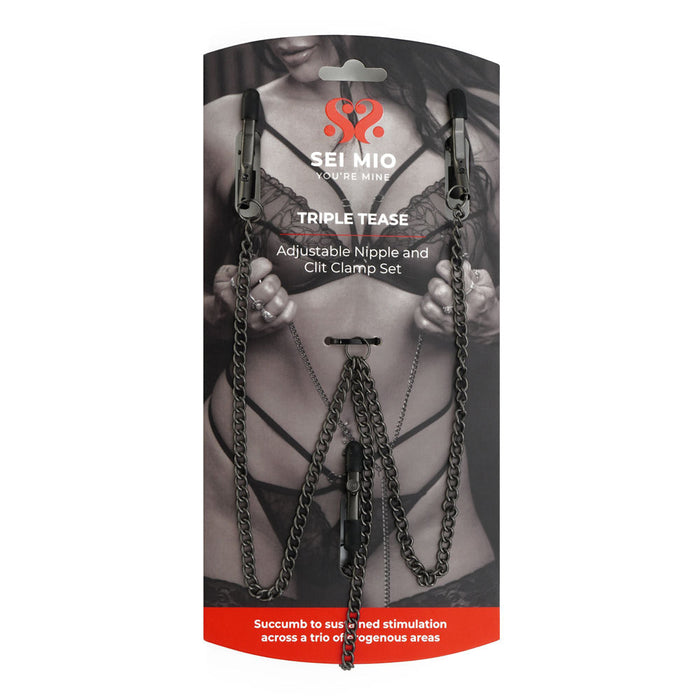 Triple tease nipple and clit clamp set inside packaing.