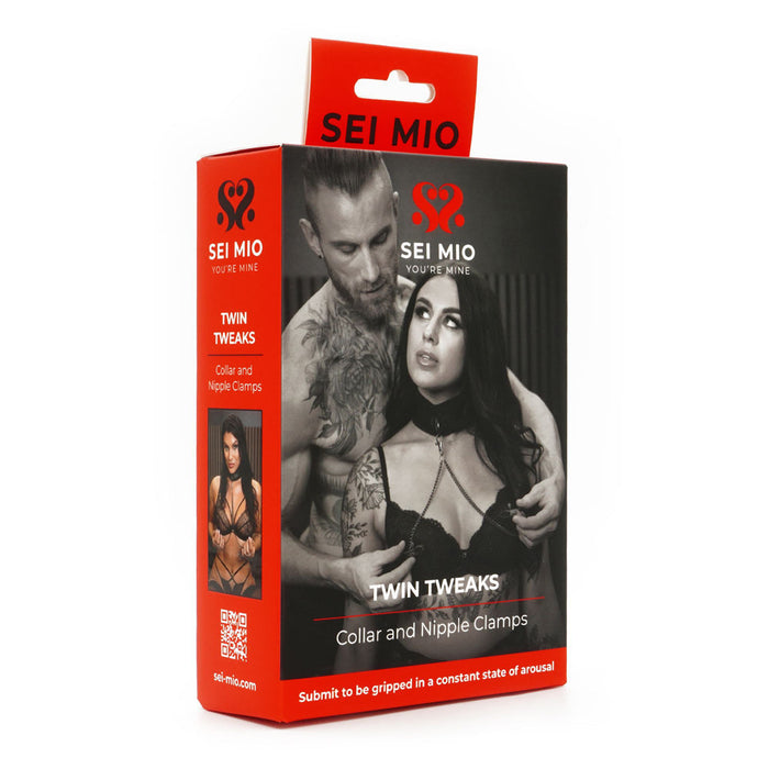 Twin tweaks collar and nipple clamps inside packaging.