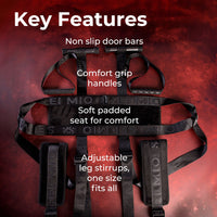 Over the door swing example photo featuring non slip door bars, padded seat for comfort and adjustable leg stirrups.