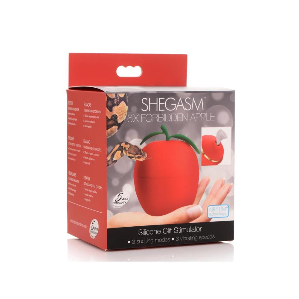 Red shegasm forbidden apple silicone clit stimulator inside packaging.