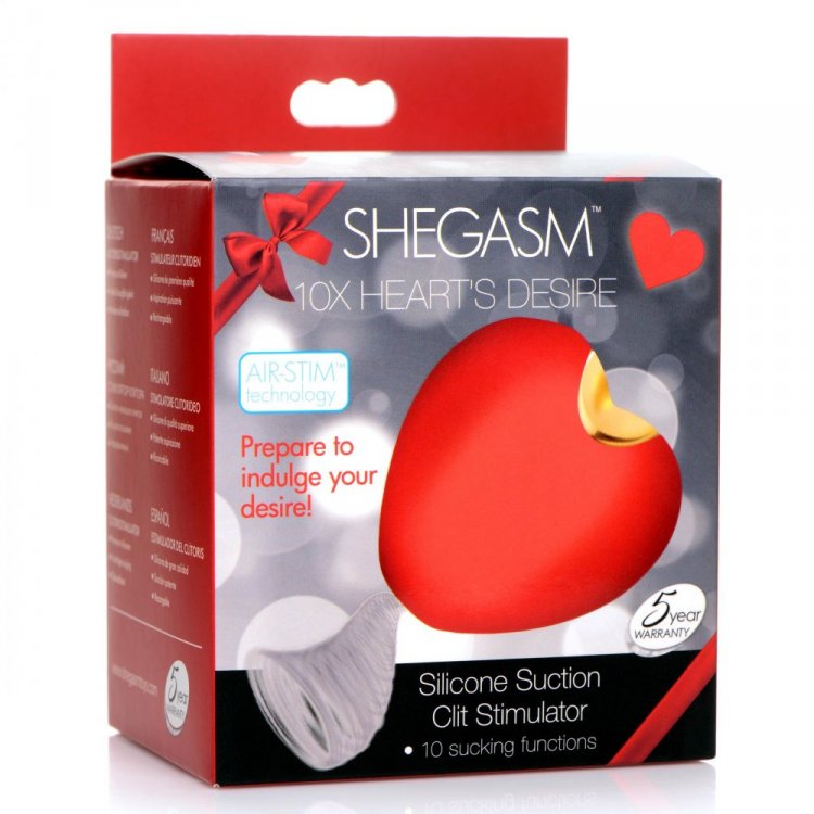 Red shegasm suction clit stimulator inside packaging.