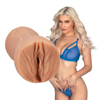 blonde female in blue bikini with vagina masturbator 