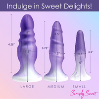 Purple 3pc butt plug set measurement photo.