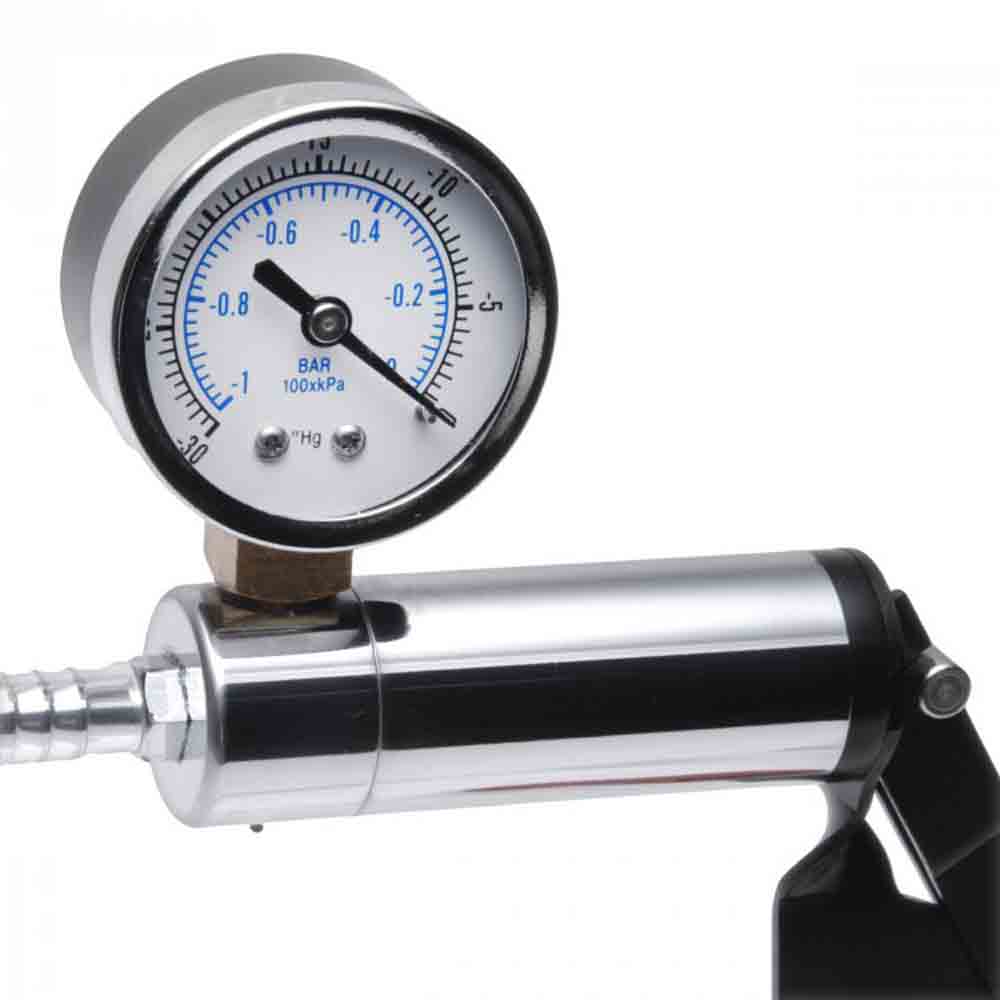 Steel hand pump pressure gauge example photo.