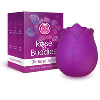 Purple rose-shaped product with packaging labeled 'Rose Buddies' on a white background