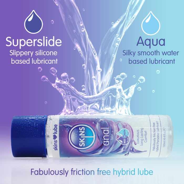 Skins hybrid anal lubricant information example photo featuring 130ml bottle.