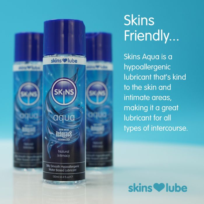 Skins aqua water based lubricant blue bottle. Hypoallergenic lubricant for all types of intimacy.