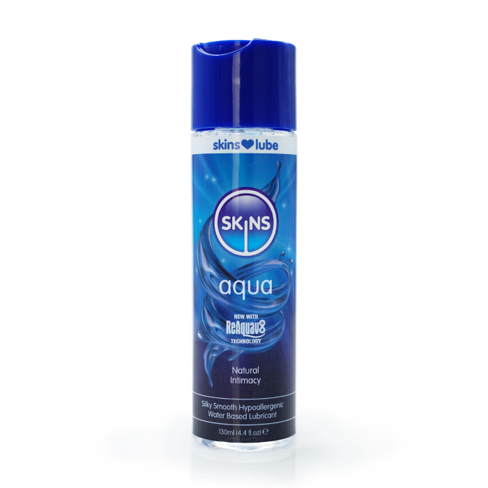 Aqua natural intimacy skins lube water based featuring 130ml bottle with snap lid.