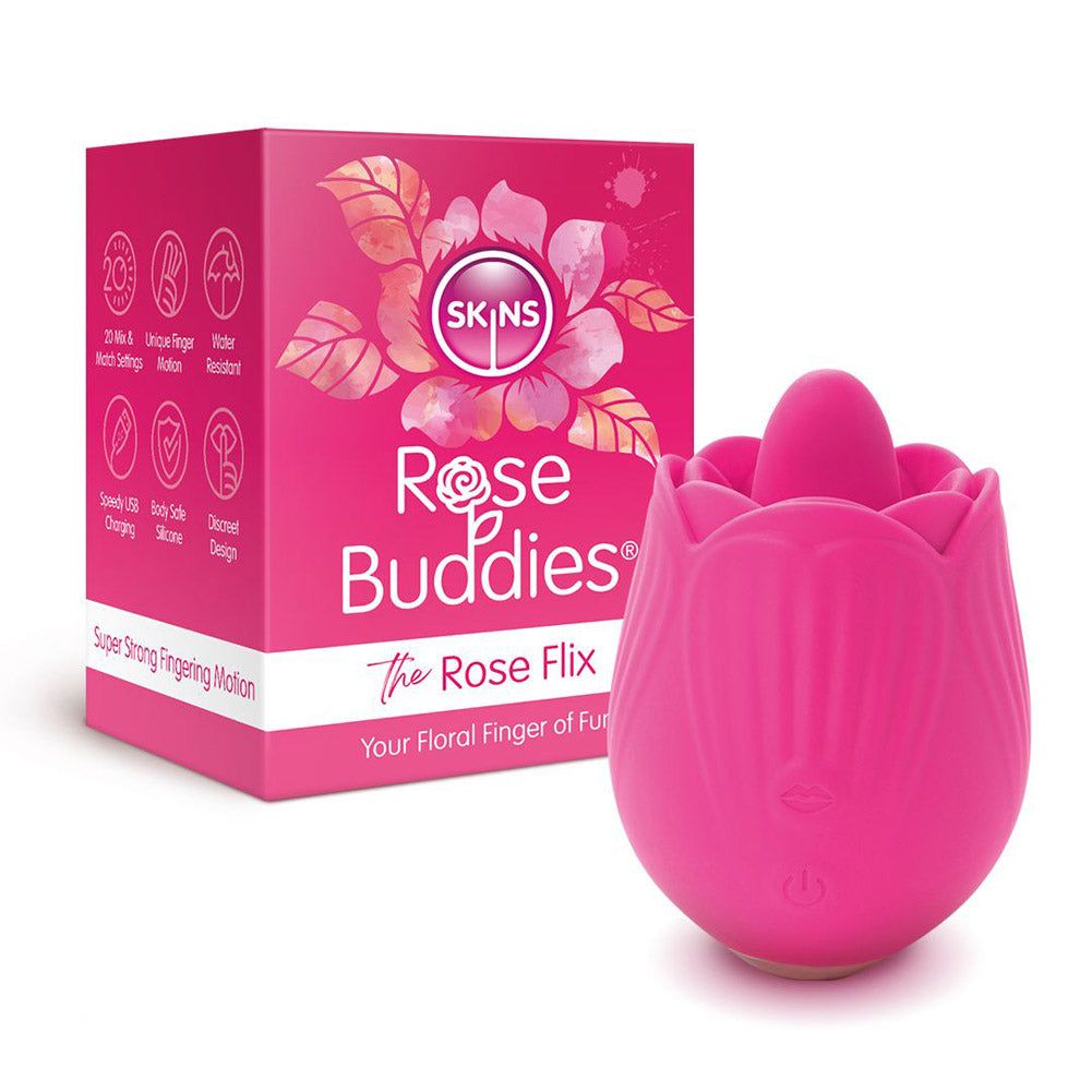 Pink rose buddies the rose fix vibrating clitoral toy beside packaging.