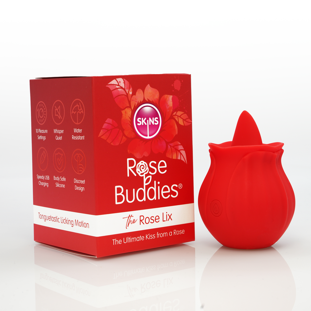 Red rose buddies vibrating clitoral toy beside packaging.