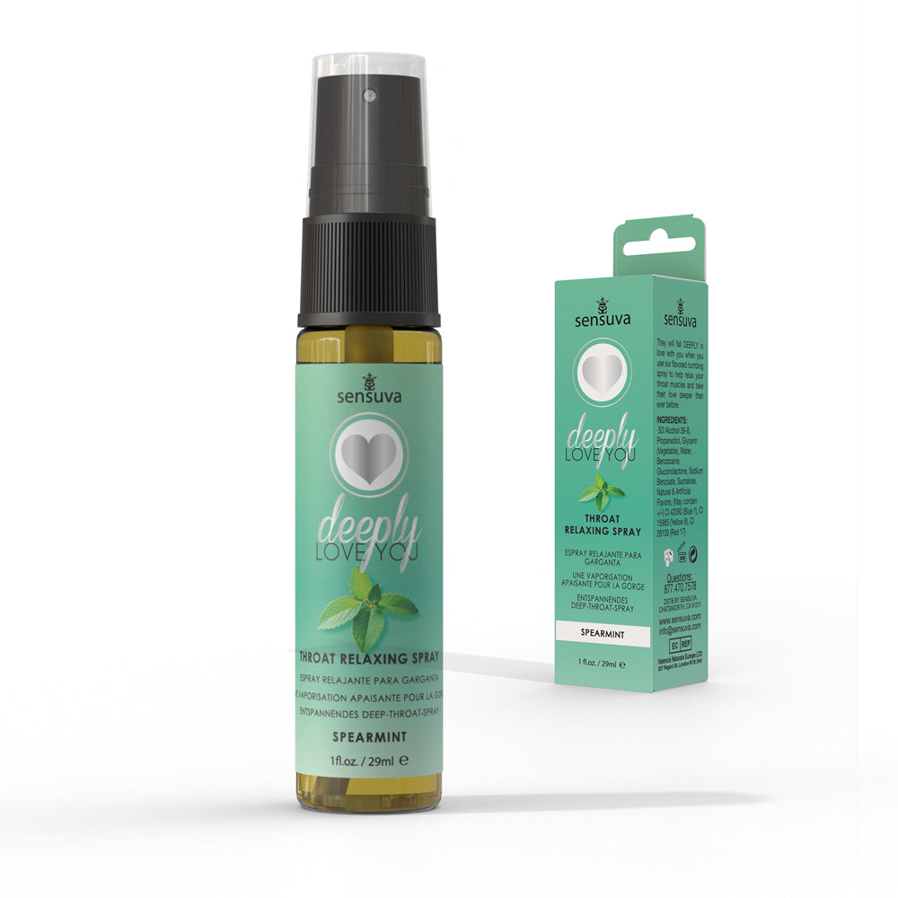 Deeply love you throat numbing spray spearmint flavored featuring 29ml in spray bottle beside packaging.