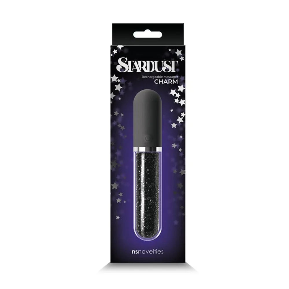 Black stardust charm glass vibrator inside packaging.