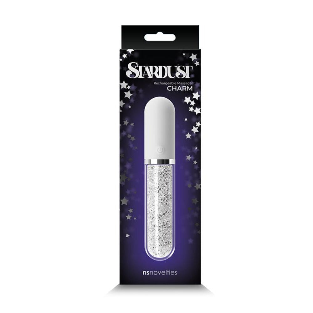 White stardust charm glass vibrator inside packaging.
