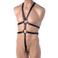 Black male full body harness example photo. 