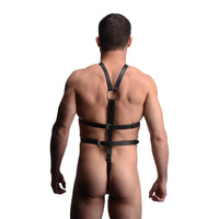 Black male full body harness back view. featuring adjustable straps.