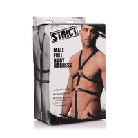 Black male body harness in packaging. Featuring adjustable straps including 2 metal cock rings foe enhanced bondage play.
