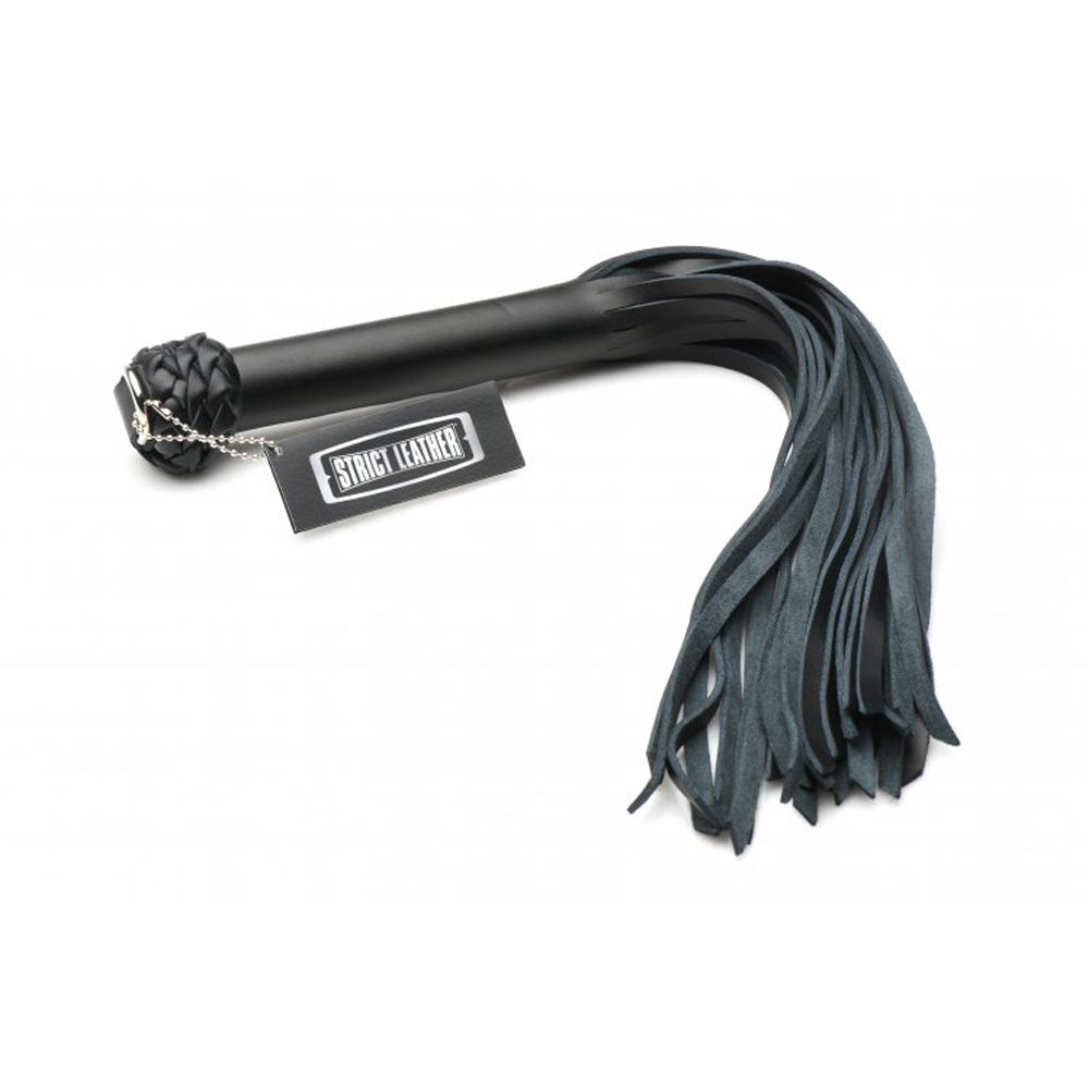 Black leather beginner flogger is about 20 inches long. Featuring 5 silver studs and a stainless tell D ring to secure on waist belt or wall.