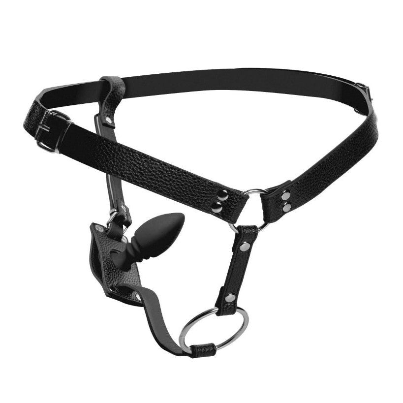 Strict black male harness with anal plug example photo.
