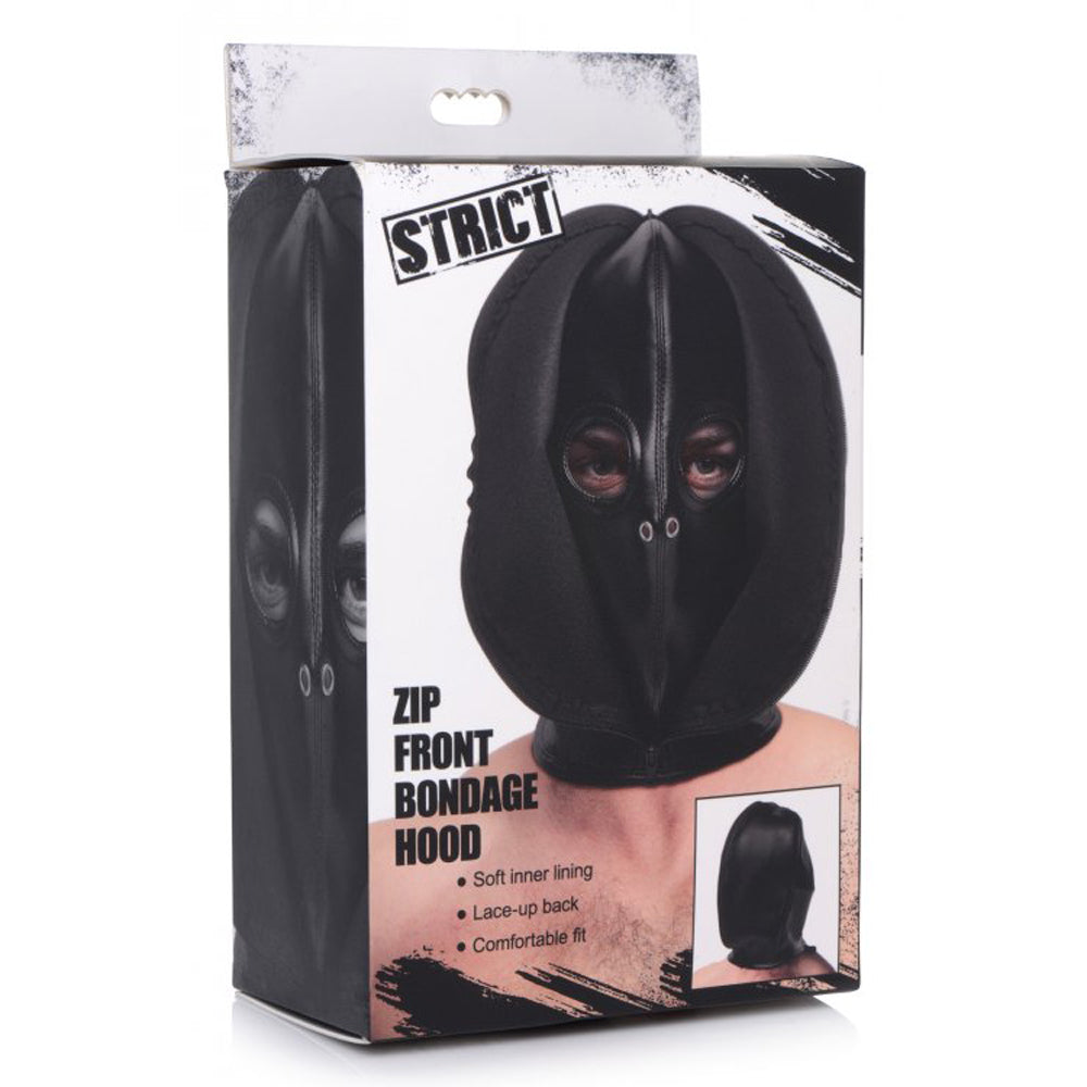 Strict zip front bondage hood inside packaging. 