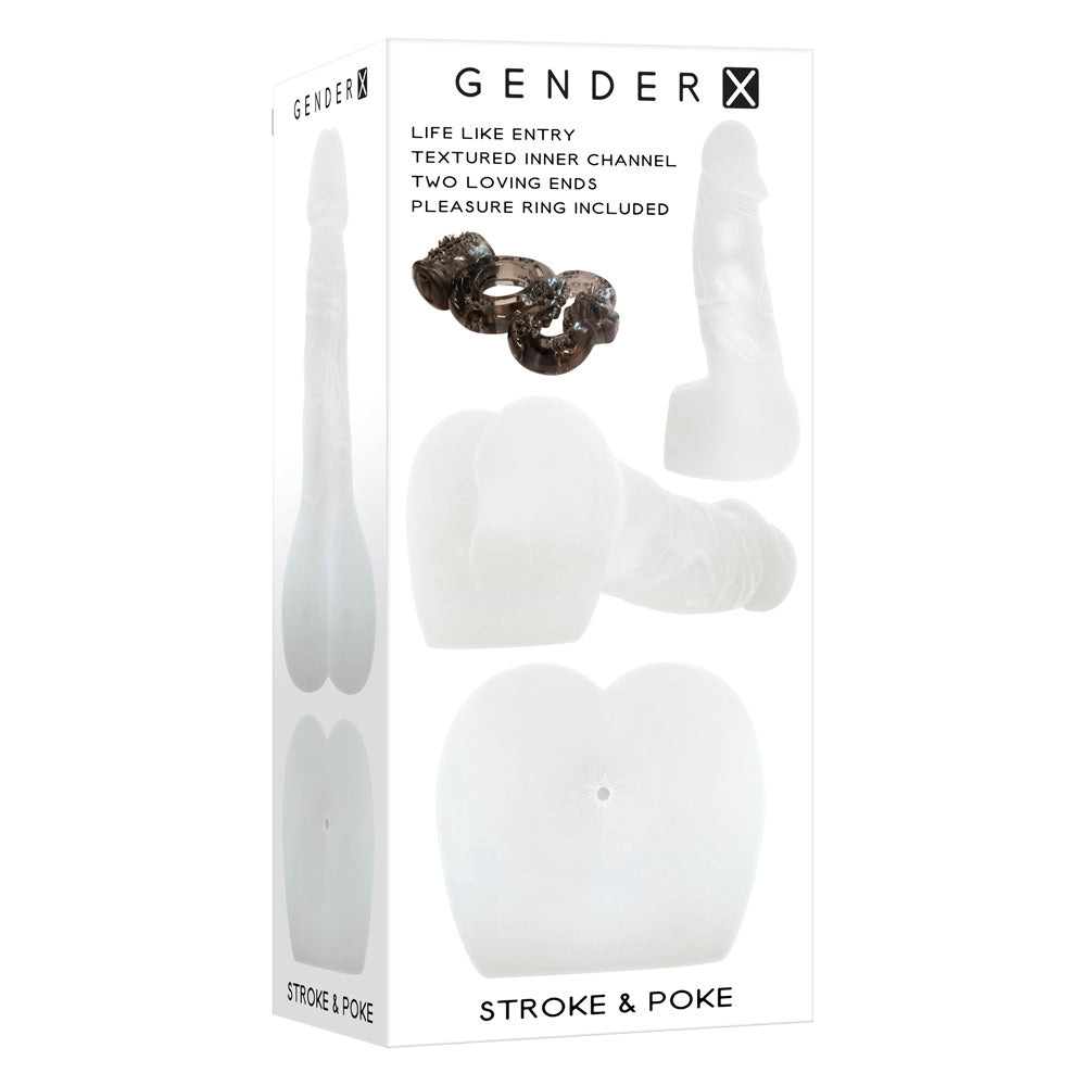 Clear stroke & poke masturbator featuring life like entry, textured inner channel, two ends and a pleasure ring included inside packaging.
