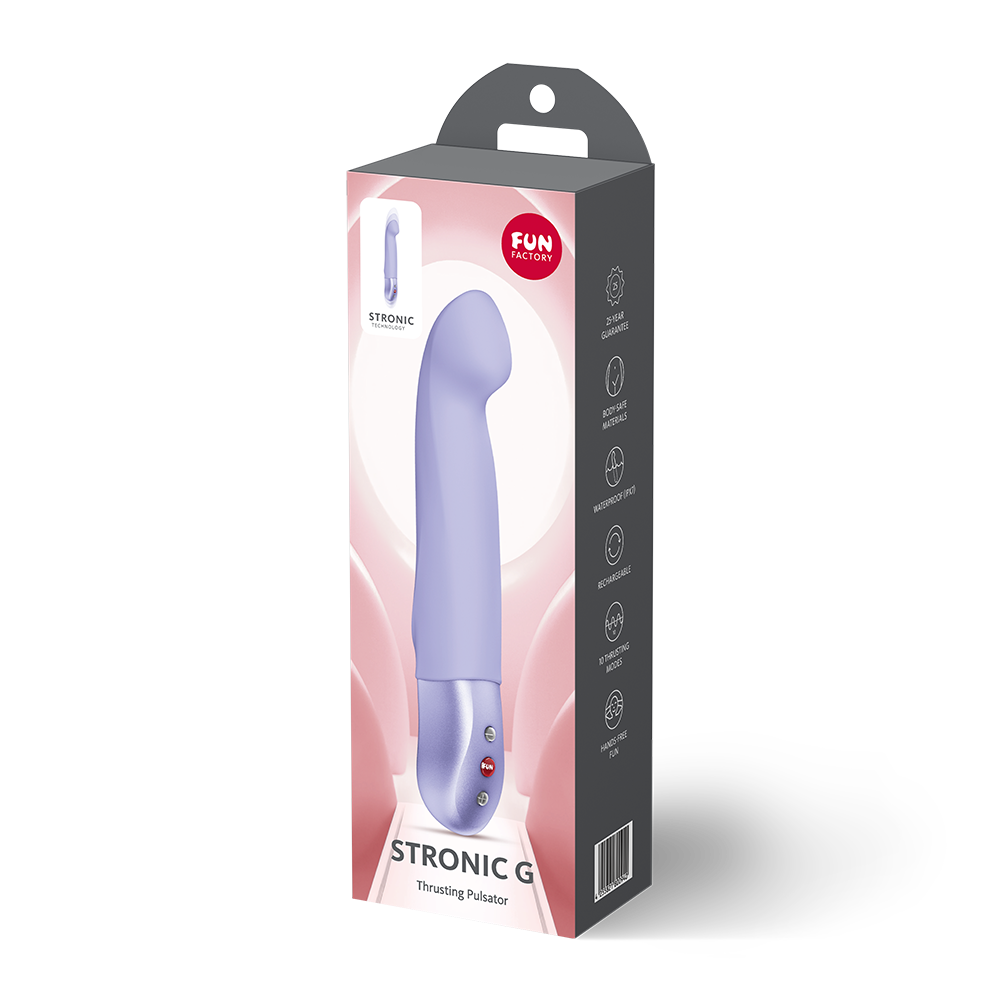 Lilac Stronic G spot thrusting pulsator vibrator inside packaging.