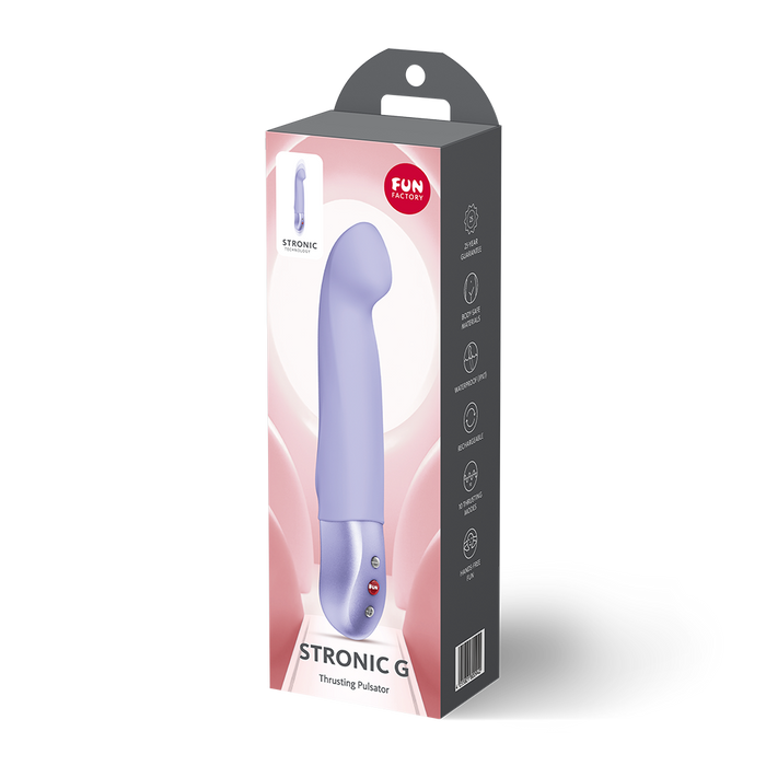 Lilac Stronic G spot thrusting pulsator vibrator inside packaging.