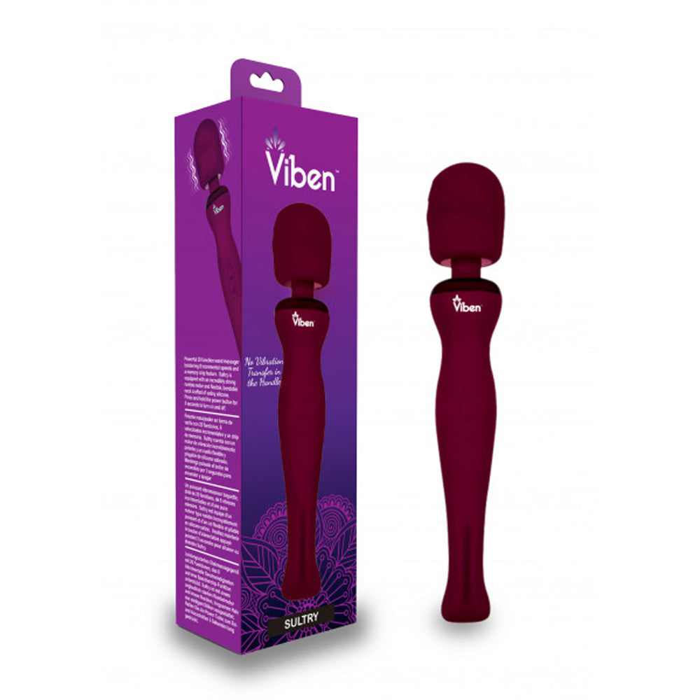 Burgundy sultry intense handheld beside packaging.