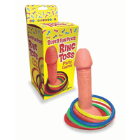 Super fun penis ring toss party game example photo beside packaging.