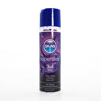 Skins lube Super slide 3 in 1 silicone based lubricant 130ml bottle with snap lid.