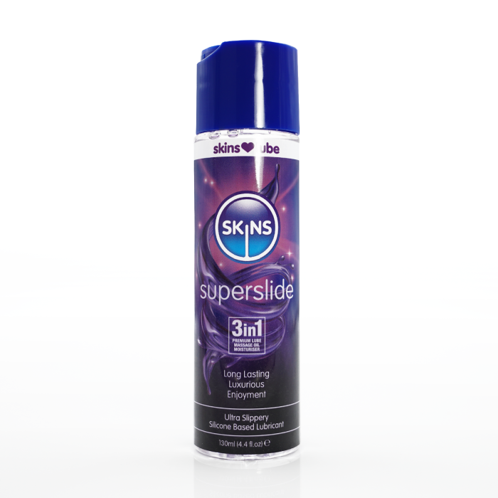 Skins lube Super slide 3 in 1 silicone based lubricant 130ml bottle with snap lid.