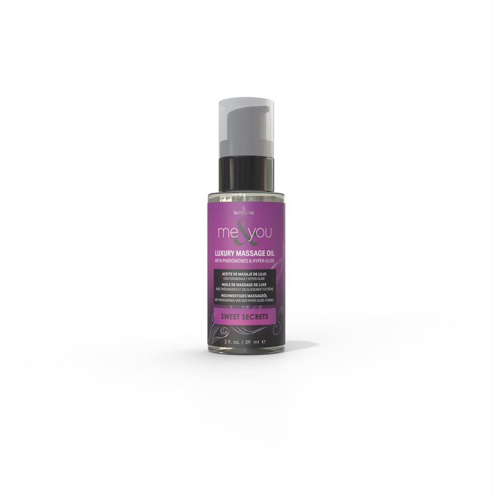 Luxury sweet secrets massage oil 59ml featuring squeeze top bottle.