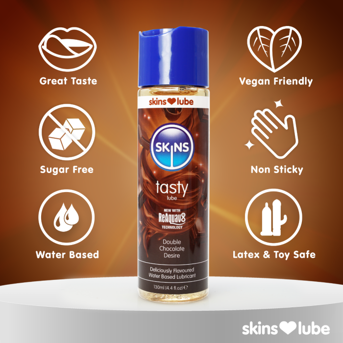 Double chocolate skins flavored water based lubricant information photo.