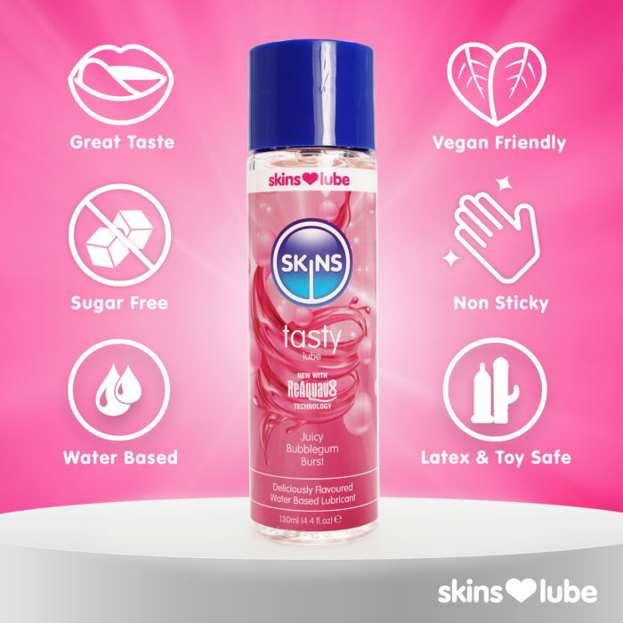 Juicy bubblegum flavored water based lube. Great taste latex & toy friendly featuring 130ml bottle.