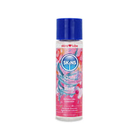 Skins tasty water based lube featuring a birthday cake flavor 130ml bottle with snap lid.