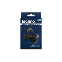 Black strobe vibrating cock ring with app control inside packaging.