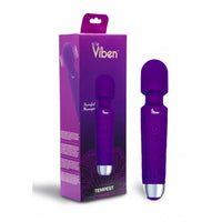 Purple tempest intense wand massager beside packaging.