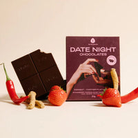 Dark chocolate bars with a 'Date Night Chocolates' box on a light background