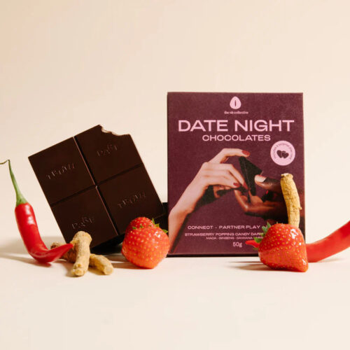 Dark chocolate bars with a 'Date Night Chocolates' box on a light background