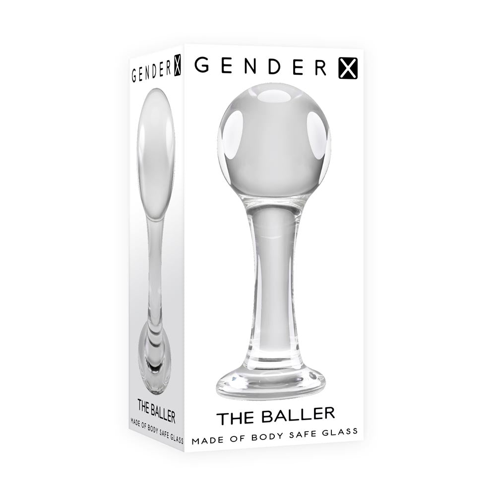 Clear glass anal plug made of body safe glass inside packaging.