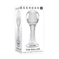 Clear glass anal plug made of body safe glass inside packaging.