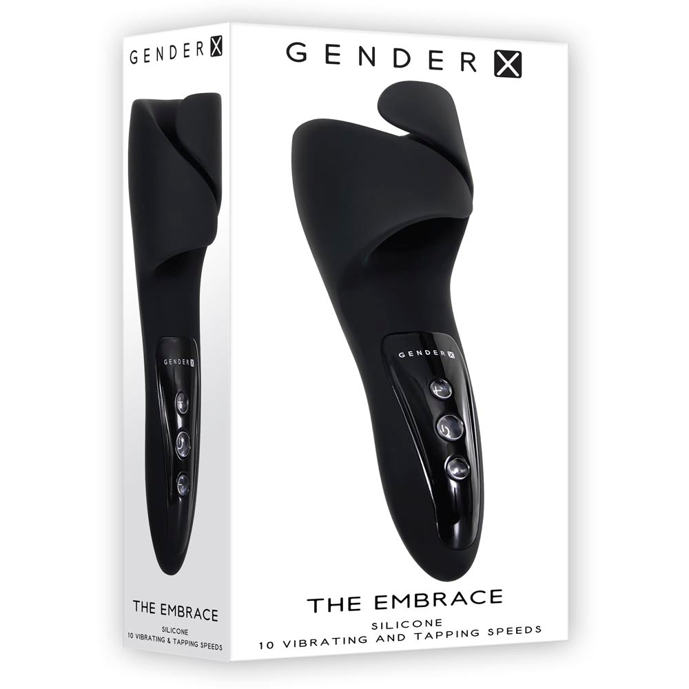 Black male masturbator featuring 10 vibrating & tapping speeds inside packaging.