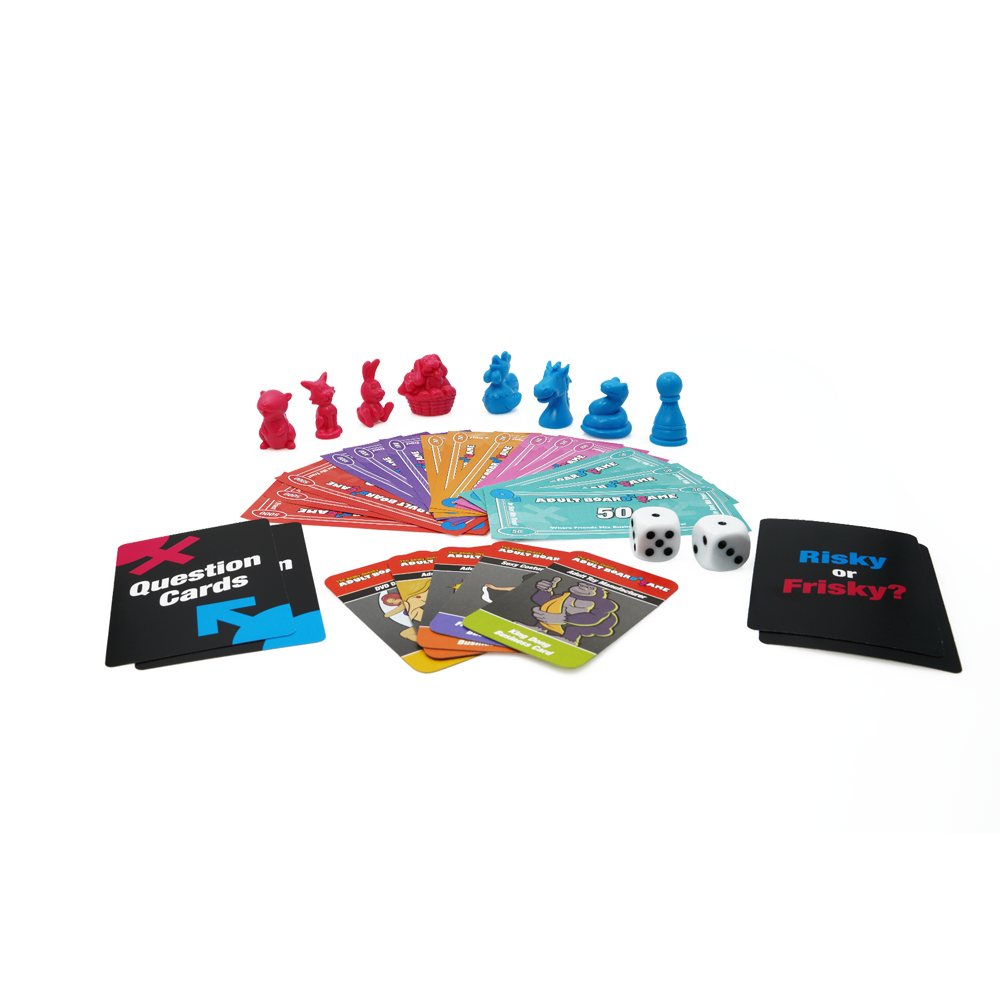 The really cheeky adult board game example photo featuring cards dice and game pieces.