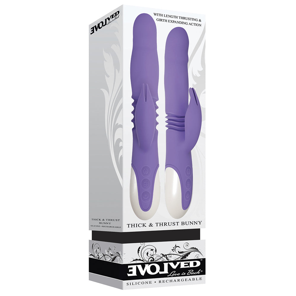 Purple thick & thrust bunny vibrator inside packaging.